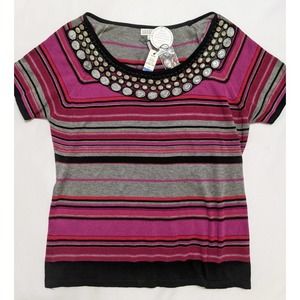 JOSEPH A. beaded pink black striped short sleeve top T-shirt sweater size XL new